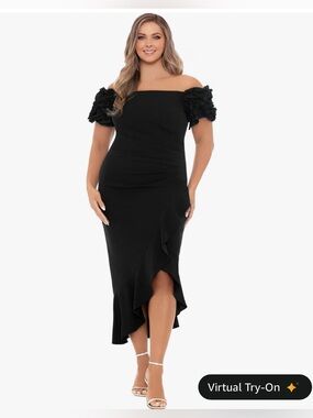 Xscape Black One-Shoulder Ruffle Midi Dress